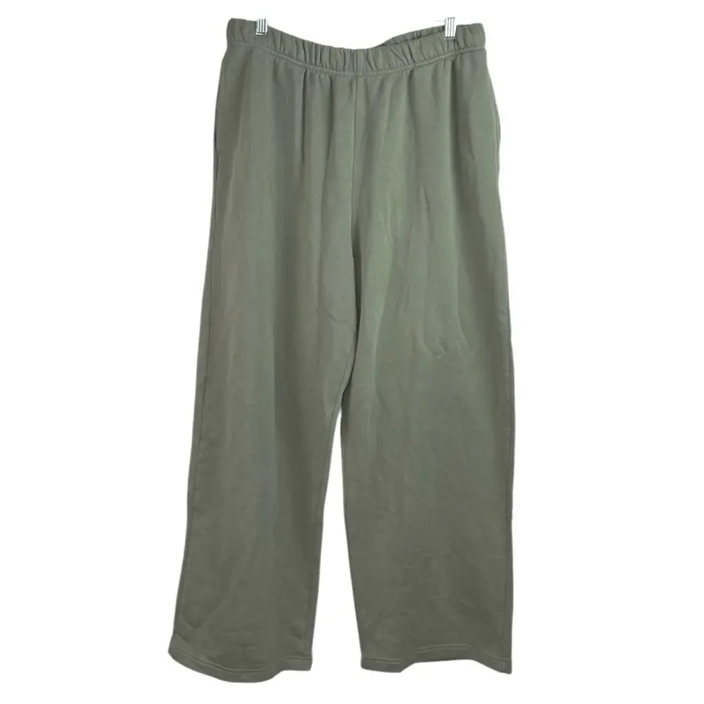 NEW GAP Womens Green Fleece High Waist Straight Wide Leg Lounge Trousers Pants L